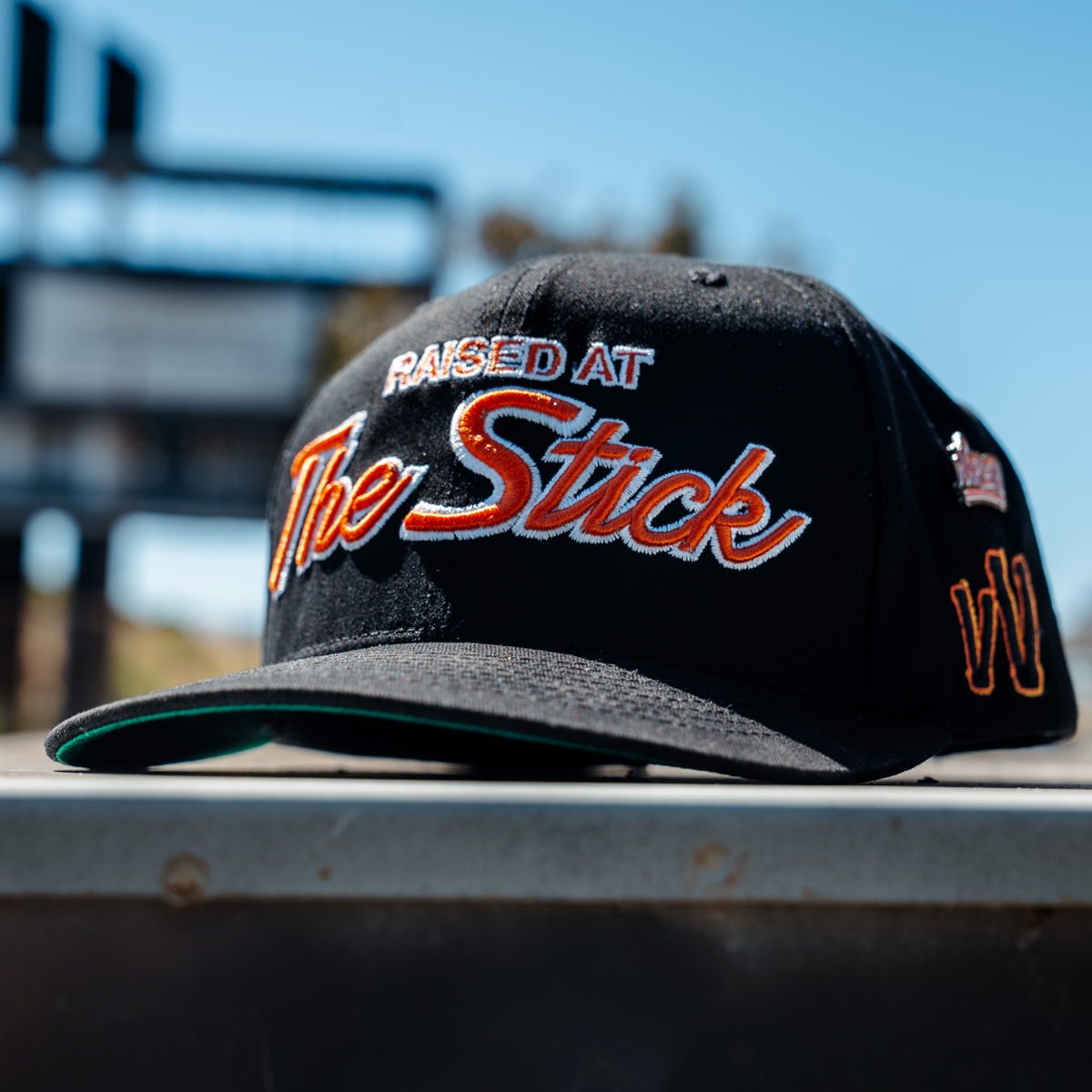 Black cap with 'Raised at The Stick' text on a blurred outdoor background